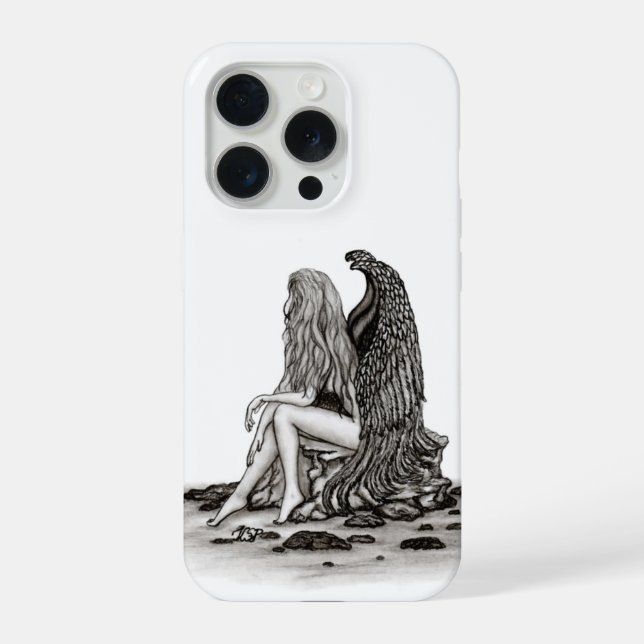 Coque iPhone Ange , perdu dans ses pensées , conception noir et (Verso)