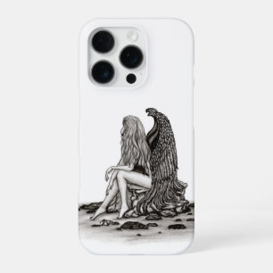 Coque iPhone 16 Pro Ange , perdu dans ses pensées , Design noir et bla