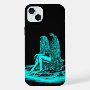 Coque iPhone 15 Plus Ange , perdu dans ses pensées , design noir et ver