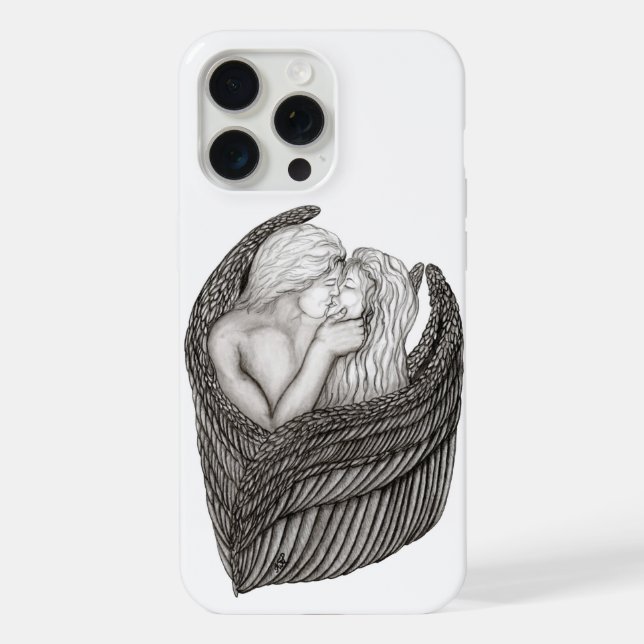 Coque iPhone Anges qui s'embrassent, design noir et blanc (Verso)