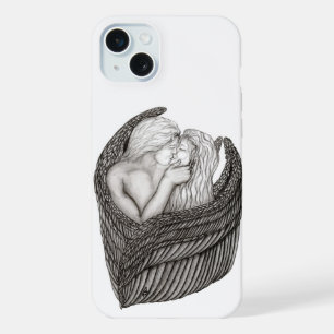 Coque iPhone 15 Plus Anges qui s'embrassent, design noir et blanc