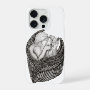 Coque iPhone 15 Pro Anges qui s'embrassent, design noir et blanc