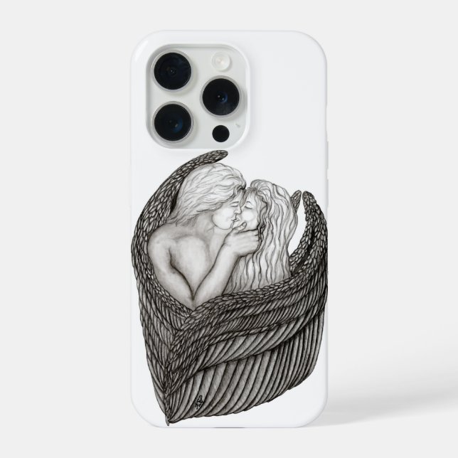 Coque iPhone Anges qui s'embrassent, design noir et blanc (Verso)