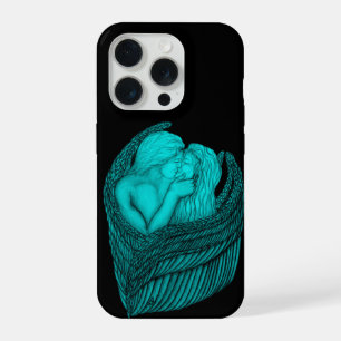 Coque iPhone 15 Pro Anges qui s'embrassent, design noir et vert