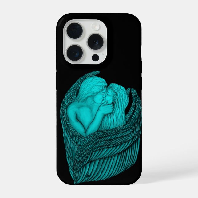 Coque iPhone Anges qui s'embrassent, design noir et vert (Verso)