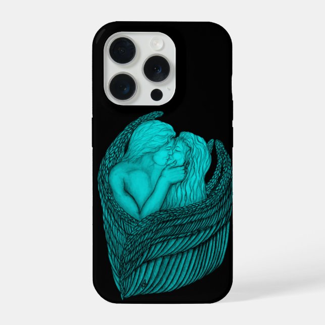 Coque iPhone Anges qui s'embrassent, design noir et vert (Verso)