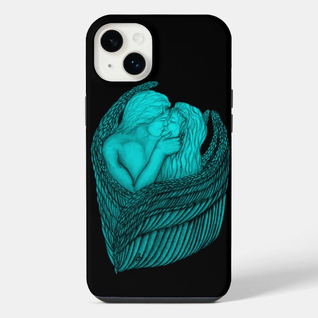 Coque iPhone Anges qui s'embrassent, design noir et vert (Verso)