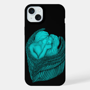 Coque iPhone 15 Plus Anges qui s'embrassent, design noir et vert