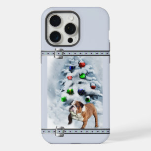Coque iPhone 15 Pro Max Anglais Bulldog mignon Bleu Noël