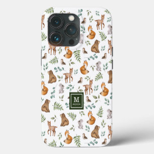 Etui iPhone 13 Pro Animaux de forêt Motif de forêt feuillu Monogramme