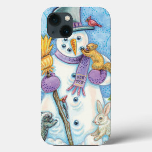 Etui iPhone 13 Animaux mignons construisant un bonhomme de neige