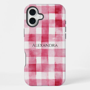 Coque iPhone 16 Plus Anniversaire Rayures Vichy Rose Blanc