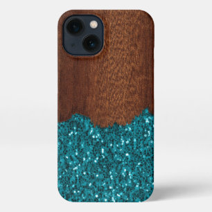 Etui iPhone 13 Aqua bleu étincelle bois brun rustique