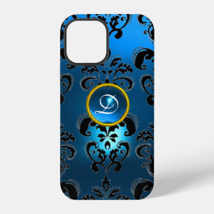 COQUE iPhone 12 AQUA BLEU NOIR DAMAS PIERRE MONOGRAMME