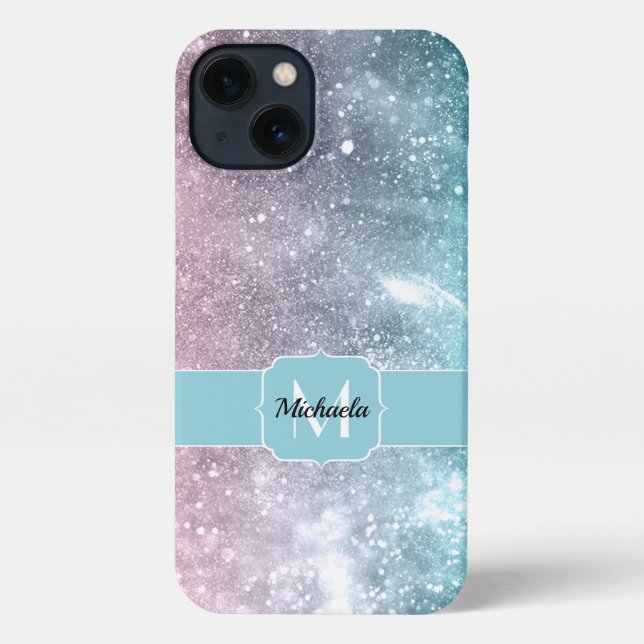 Coque iPhone Aqua blue Pink ombre mer galaxie abstraite Monogra (Verso)