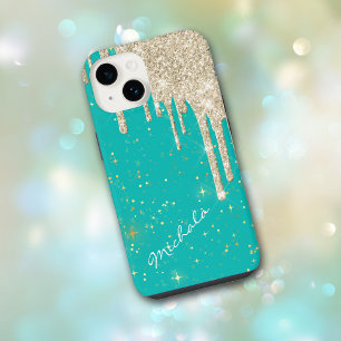 Coque Pour iPhone 14 Aqua Blue Star Sparkle Silver Parties scintillant