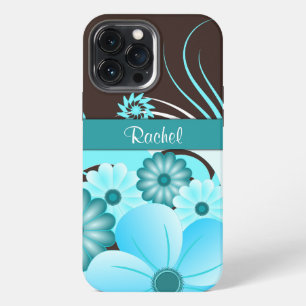 Etui iPhone 13 Pro Max Aqua Blue Turquoise & Chocolat Brown Hibiscus Flor