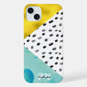 Coque iPhone 15 Plus Aqua et Gold Mélange Média Monogrammé