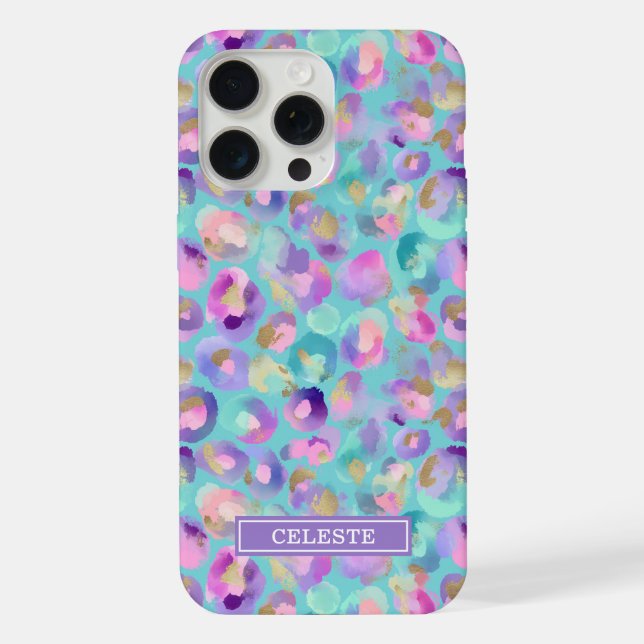 Coque iPhone Aqua Iridescent Imprimé Léopard Monogrammé (Verso)