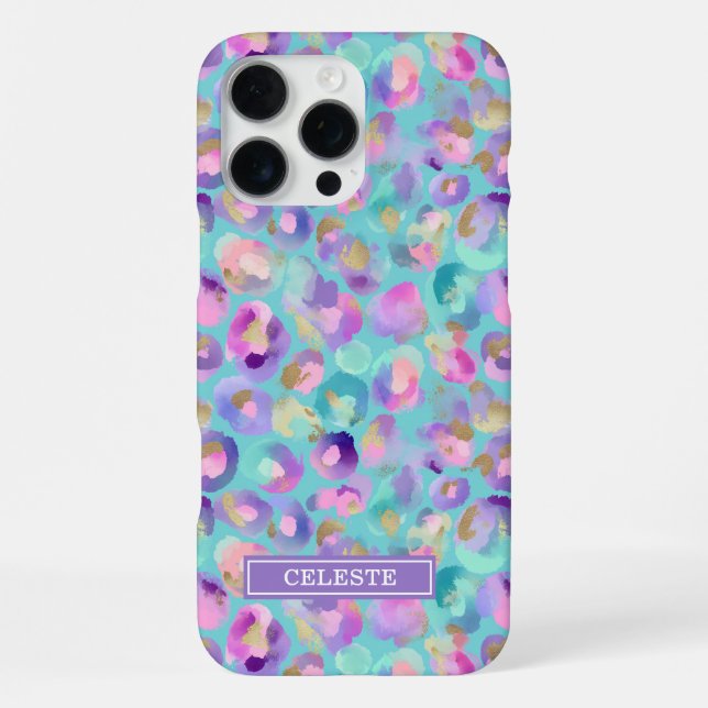 Coque iPhone Aqua Iridescent Imprimé Léopard Monogrammé (Verso)