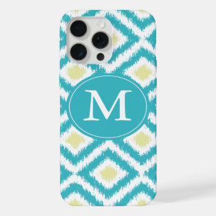 Coque iPhone 15 Pro Max Aqua monogramme et diamants jaunes Motif Ikat