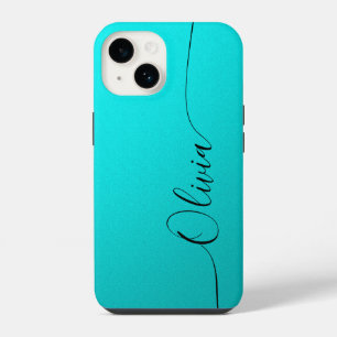 Coque Pour iPhone 14 Aqua Noir Élégant Calligraphie Script Nom