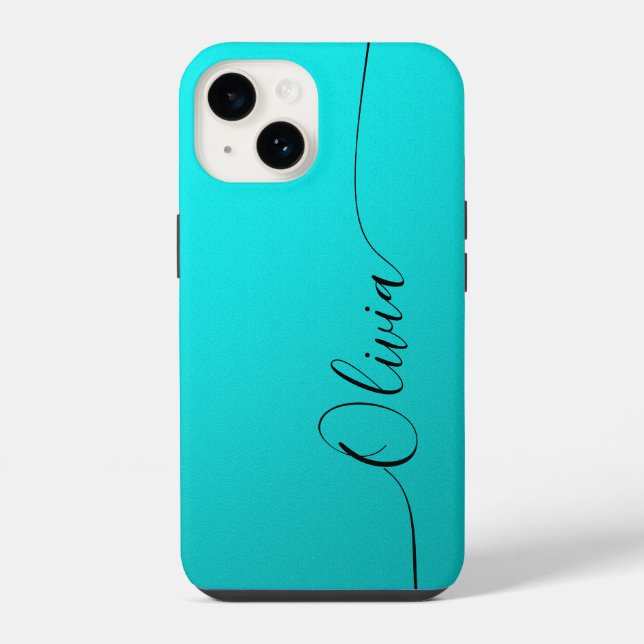 Coque iPhone Aqua Noir Élégant Calligraphie Script Nom (Verso)