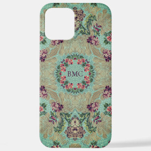 Coque iPhone 12 Pro Max Aqua Purple Rose Floral Faux Lampas Brocade