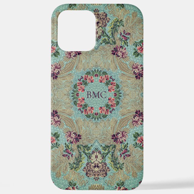 Coque iPhone Aqua Purple Rose Floral Faux Lampas Brocade (Verso)