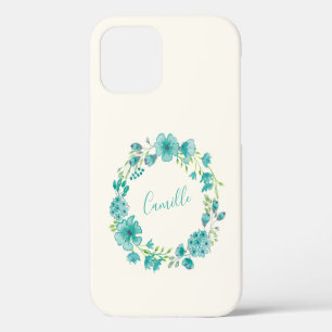 Coque iPhone 12 Aqua Sea Green Floral Wreath Personnalisé