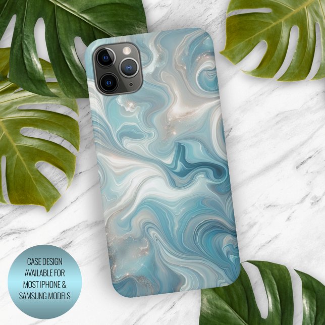 Coque iPhone Aqua Turquoise Bleu Blanc Argent Marbre (Créateur téléchargé)