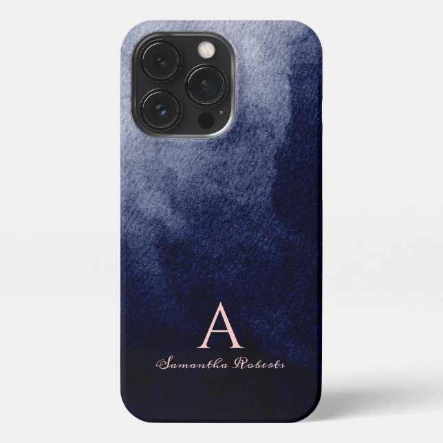 Coque iPhone Aquarelle bleu marine Blush Pink Script Monogramme (Verso)