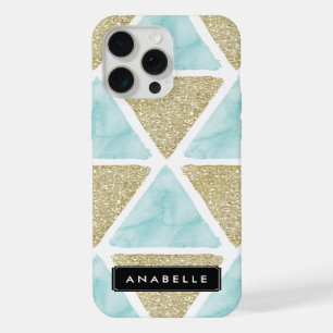 Coque iPhone 15 Pro Max Aquarelle bleue et triangles en paillettes imprimé