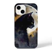 Aquarelle Chat Noir Eclipse Lune Oeuvre