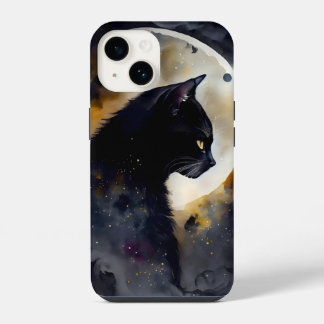Coque Pour iPhone 14 Aquarelle Chat Noir Eclipse Lune Oeuvre