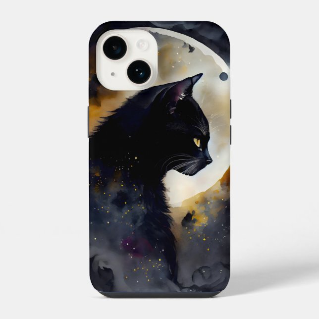 Coque iPhone Aquarelle Chat Noir Eclipse Lune Oeuvre (Verso)