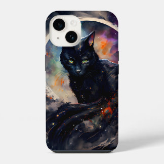 Coque Pour iPhone 14 Aquarelle Chat Noir Eclipse Lune Oeuvre