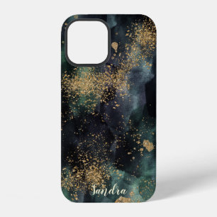Coque iPhone 12 Aquarelle couleur vert foncé Ombre et or personnal