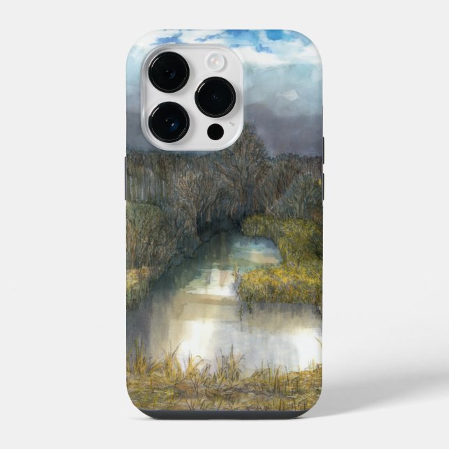 Coque iPhone aquarelle de l'étang d'automne (Verso)