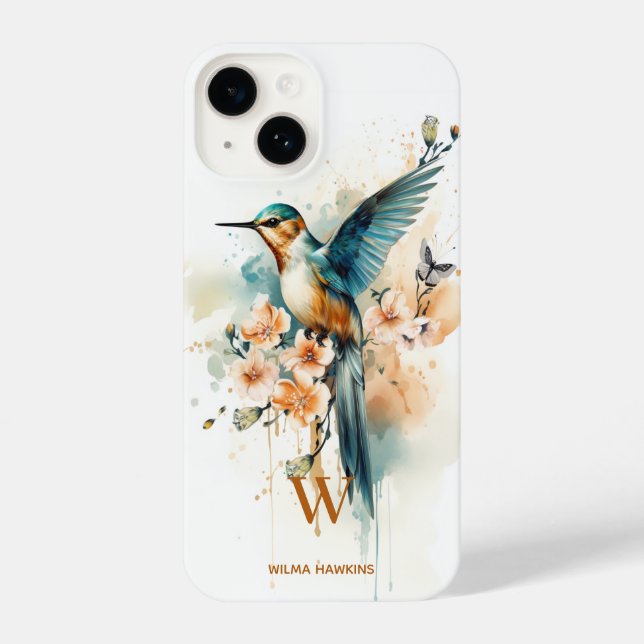 Coque iPhone Aquarelle Élégant Monogramme De Colibri Avec Nom (Verso)
