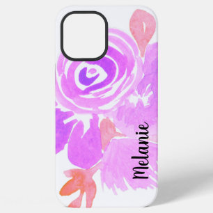 Coque iPhone 12 Pro Max Aquarelle Fleurs Monogrammé Rose Végétal Rose Viol