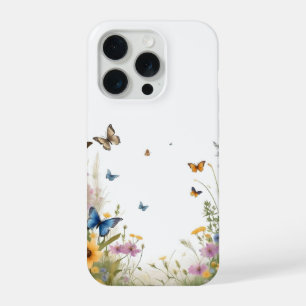 Coque iPhone 15 Pro Aquarelle Fleurs Sauvages Herbes Et Papillons,