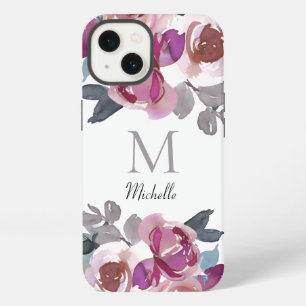 Etui iPhone 13 Aquarelle florale rose Monogramme