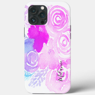 Etui iPhone 13 Pro Max Aquarelle Florales Nom en écriture rose vif