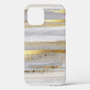 Coque iPhone 12 Aquarelle gris et texture or de luxe