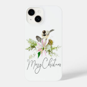 Coque Pour iPhone 14 Aquarelle Joyeux Noël Pointsettia Chickadee