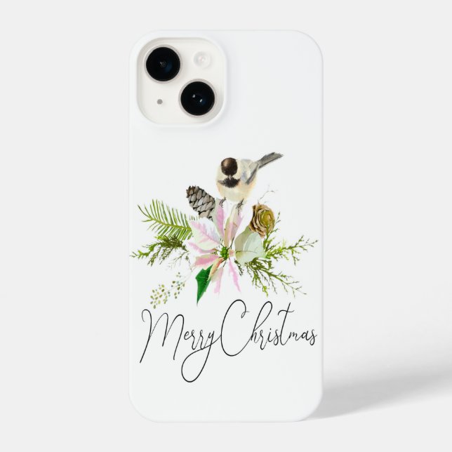 Coque iPhone Aquarelle Joyeux Noël Pointsettia Chickadee (Verso)