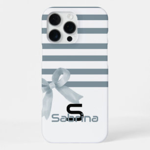 Coque iPhone 16 Pro Max Aquarelle mignonne Dusty Blue Bow Stripes