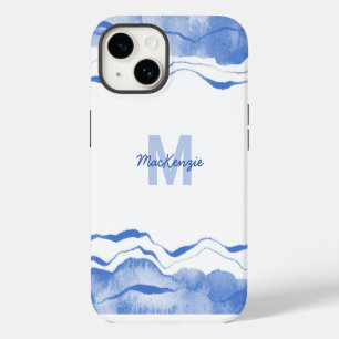 Coque Pour iPhone 14 Aquarelle Monogramme Agare Abstrait Bleu