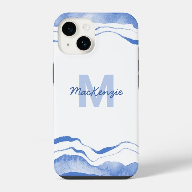 Coque iPhone Aquarelle Monogramme Agare Abstrait Bleu (Verso)
